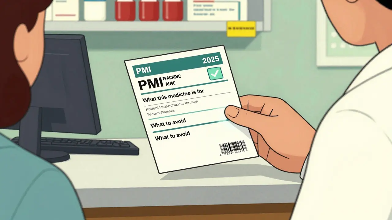Pharmacist handing a patient a clear, modern PMI label with structured sections and visible safety warnings at the counter.