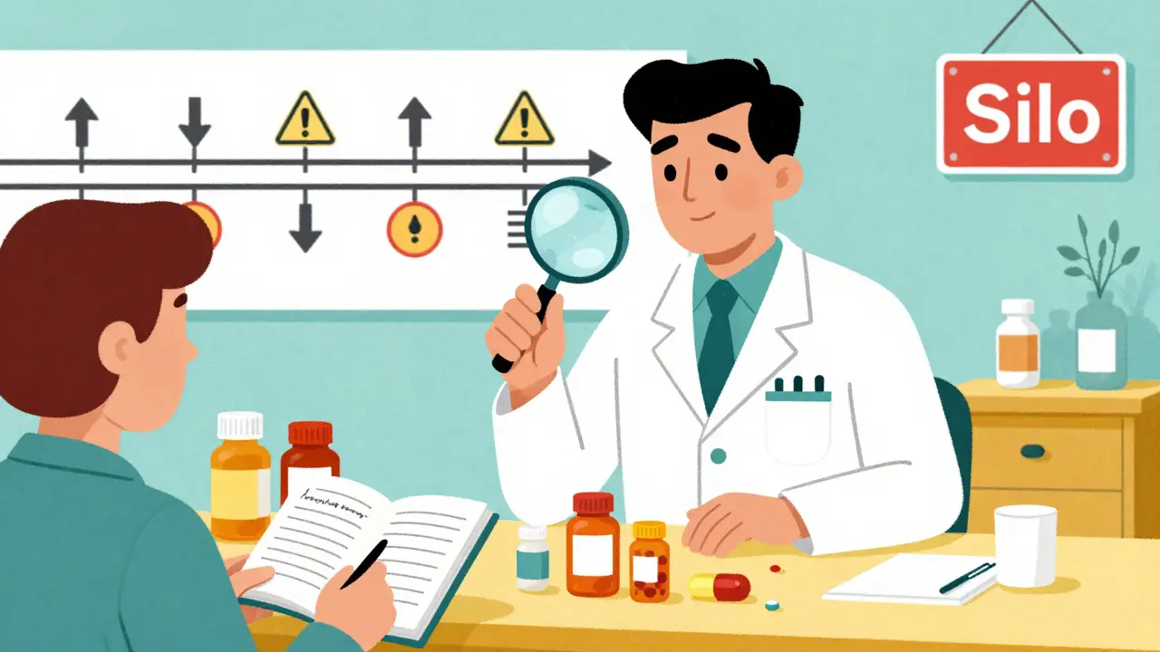 Pharmacist reviewing pill bottles and a health journal, with a blocked 'Silo' sign on a timeline wall.