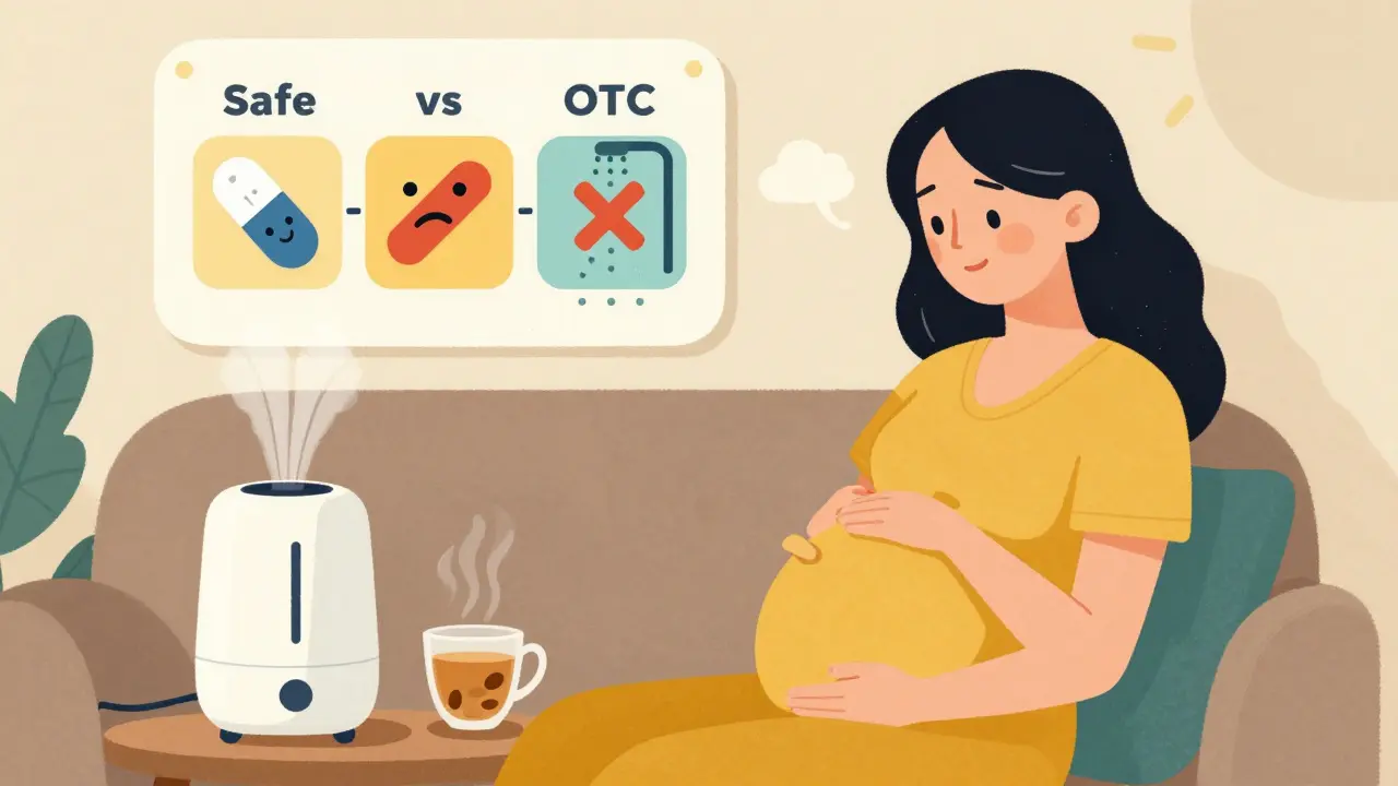 Pregnant woman using safe remedies like ginger tea and a humidifier, with a visual guide comparing safe and risky medications.