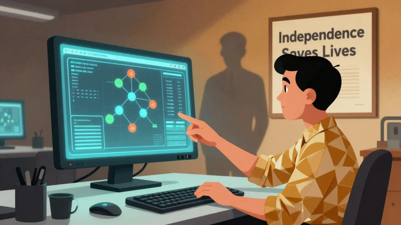 QA analyst reviewing AI decision system while production supervisor fades away, retro illustration