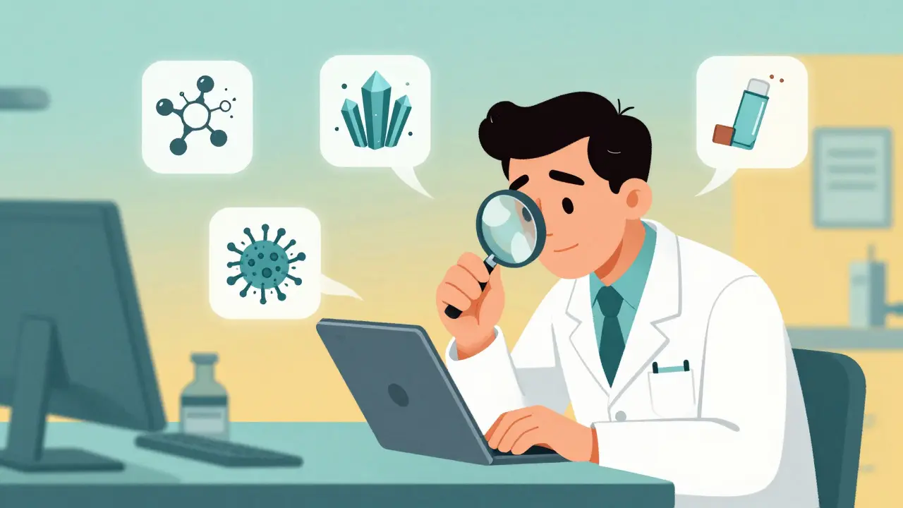 Scientist examining a tablet with floating stability icons representing chemical, physical, microbial, and functional risks.