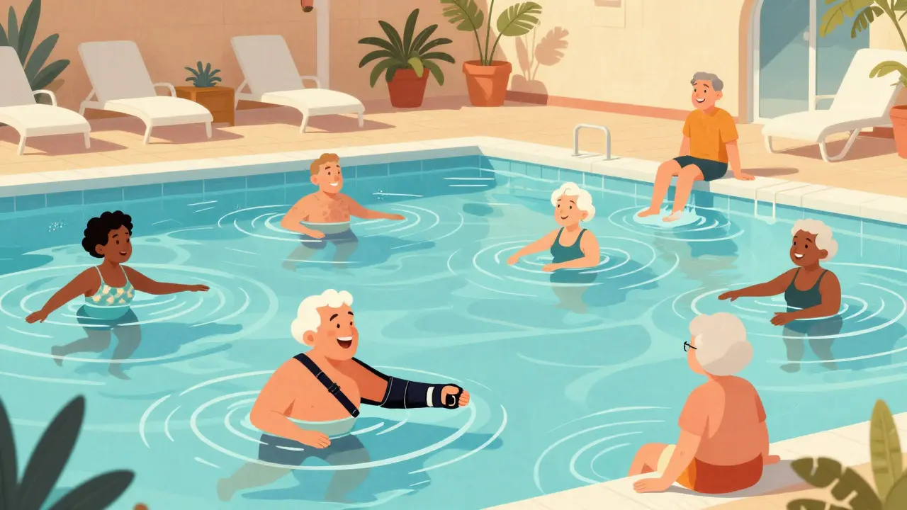 Seniors doing water aerobics in a sunlit pool, smiling, one wearing a brace, surrounded by 1960s lounge chairs.