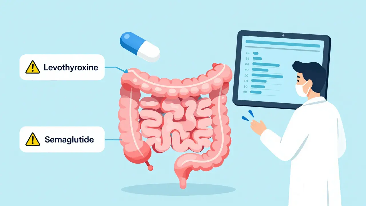 Smart pill transmitting gut data through inflamed intestine in retro-futuristic illustration