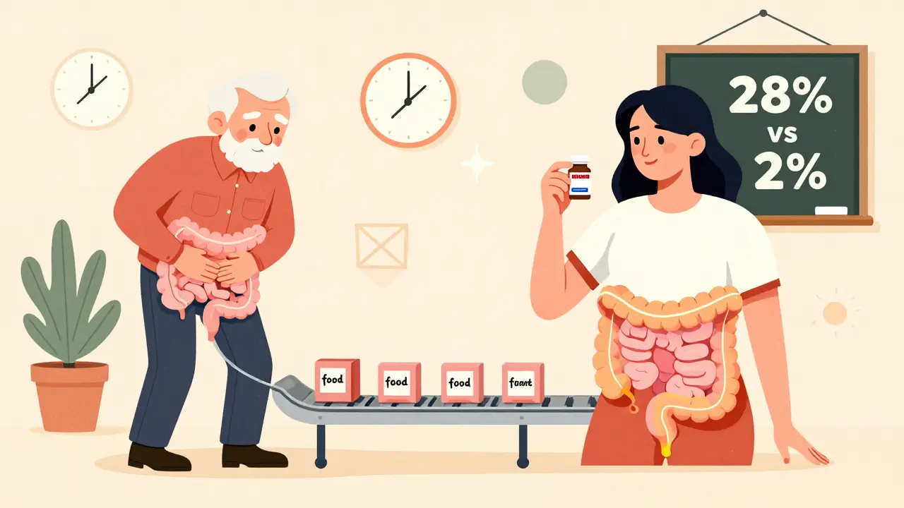 Split scene: constipation vs. safe antihistamine with visual gut pathways