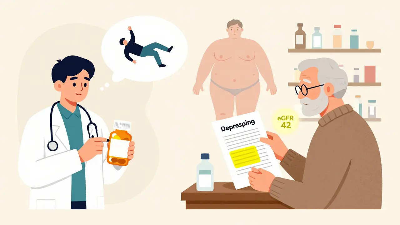 Split scene: doctor prescribing vs. pharmacist deprescribing, with kidney function badge and checklist.