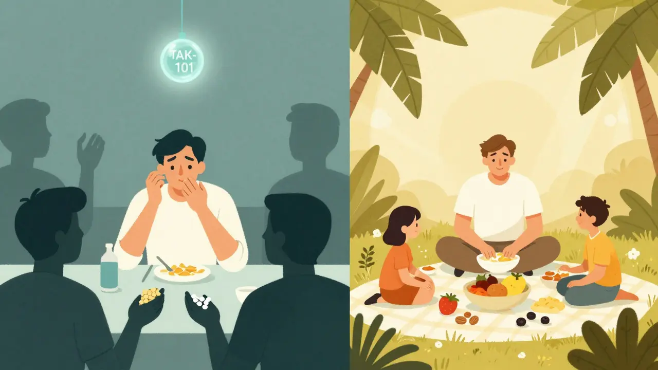 Split scene of gluten anxiety vs. healthy picnic, with subtle futuristic therapy symbol in background