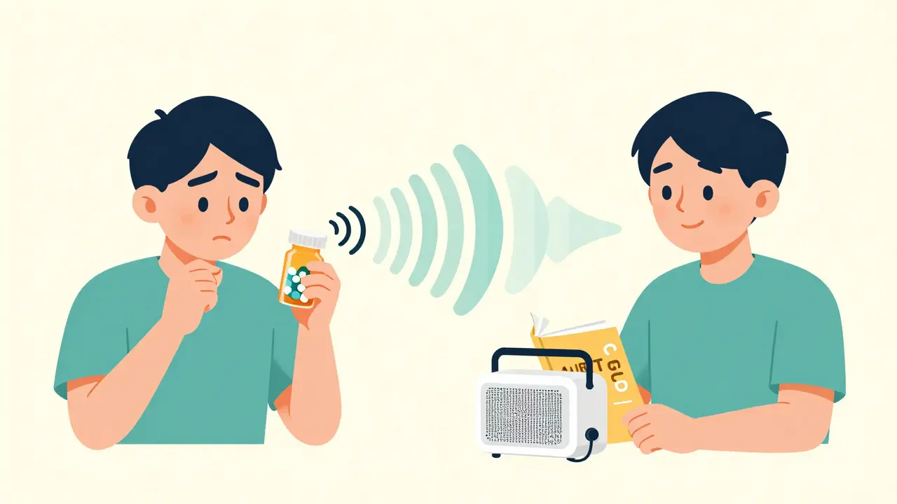 Split scene showing tinnitus relief with sound waves fading into calm tools like white noise machine.
