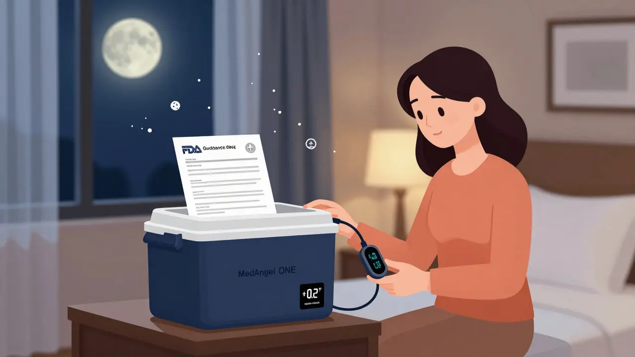 Woman checking sensor on cooler in hotel room, FDA letter nearby, soft moonlight through curtains.