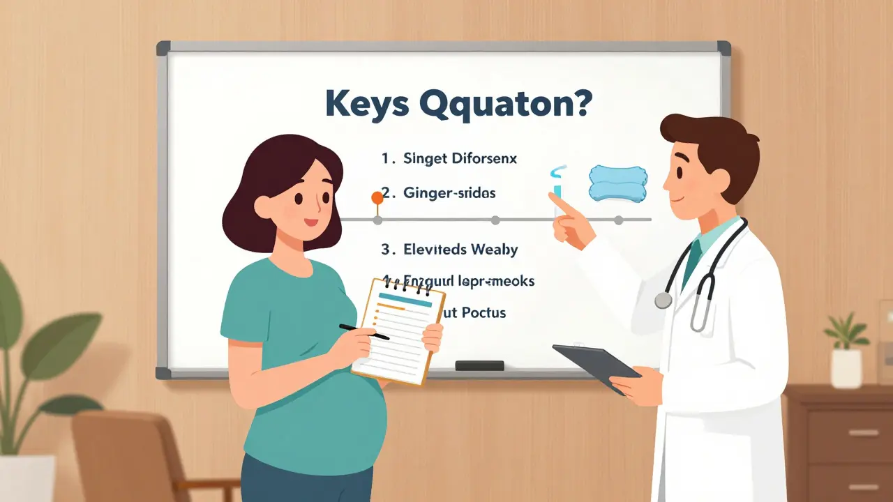 Woman reviewing a medication log with her provider during a prenatal visit, surrounded by illustrated safety tips.