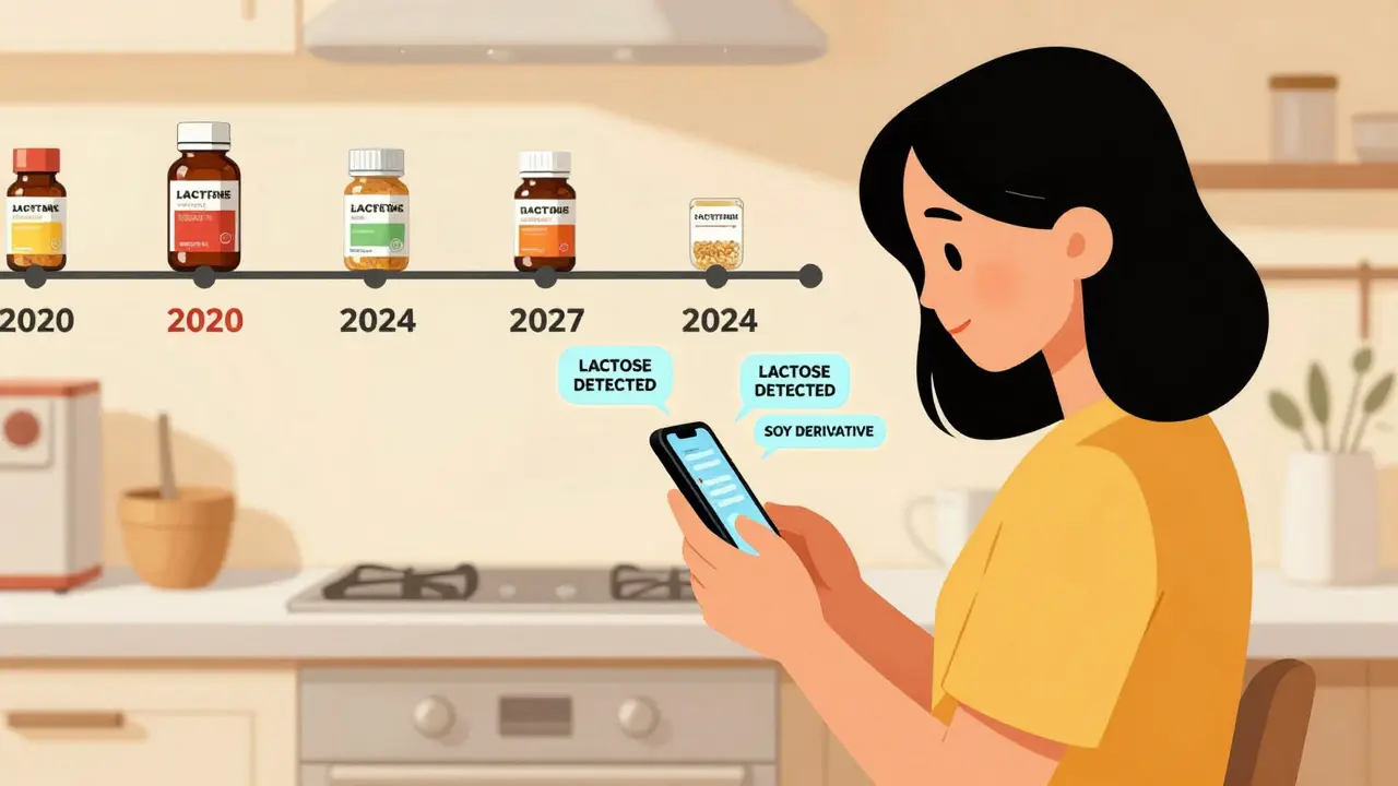 Woman scanning medicine label with phone showing allergen alerts for lactose and soy.