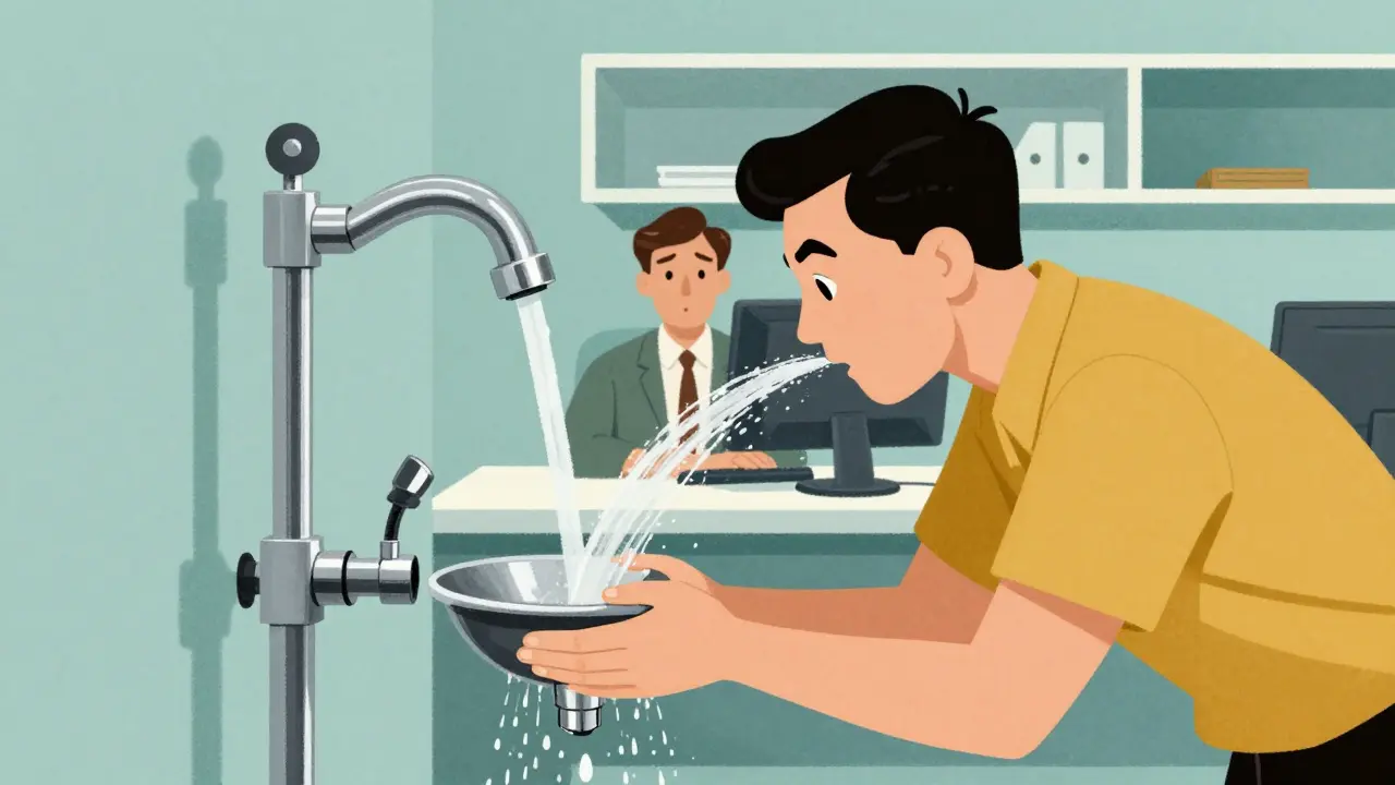 Worker activating wall-mounted eyewash station at workplace, water cascading over face, minimalist surroundings