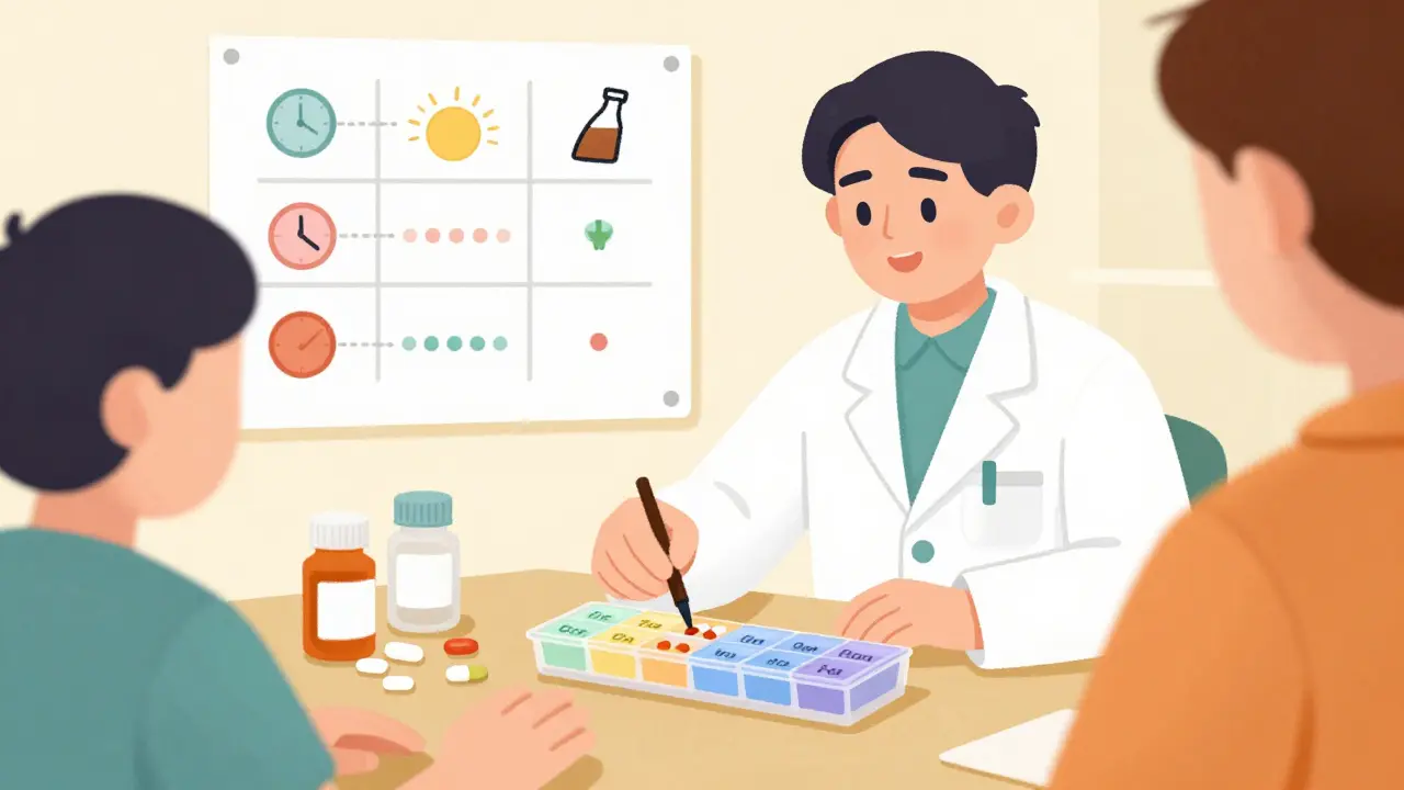 A pharmacist helping a patient use a simple, visual pill organizer with clear daily icons.