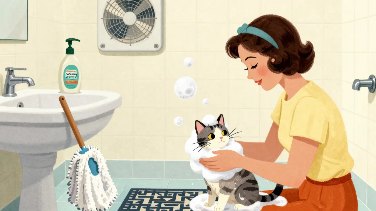 A woman bathing a cat with waterless foam shampoo in a bathroom with geometric tiles and a spinning vent fan.