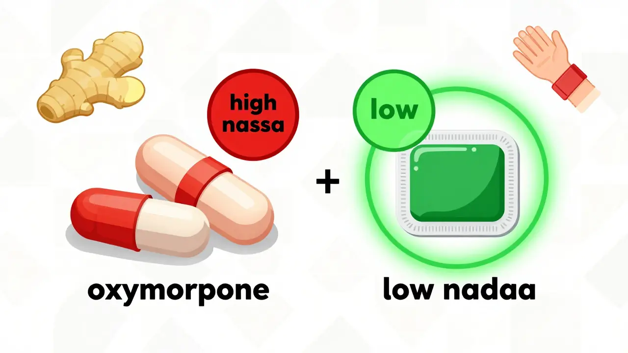 Comparison of opioid medications showing high and low nausea risks with ginger and acupressure icons.