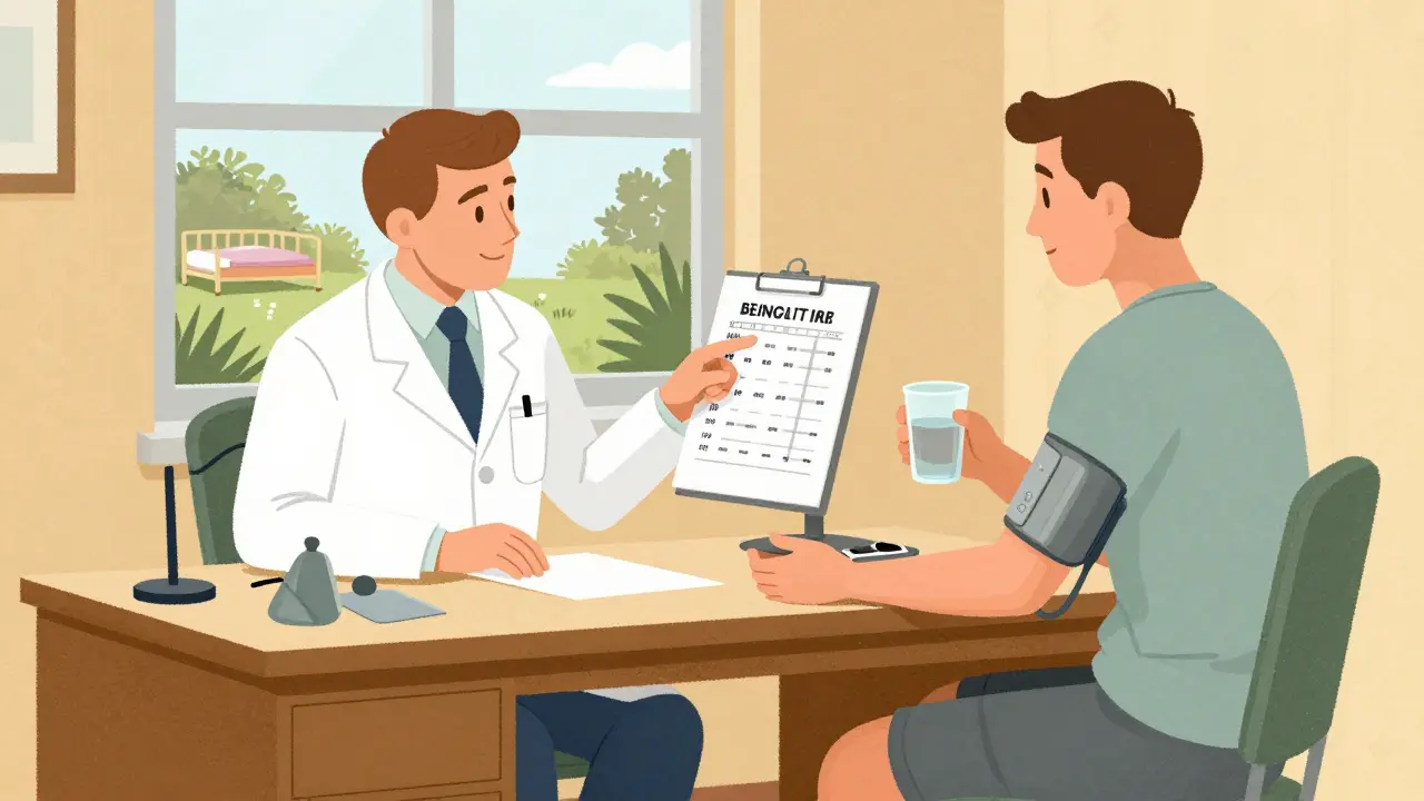 Doctor and patient reviewing blood pressure chart, patient wearing compression stockings and drinking water.