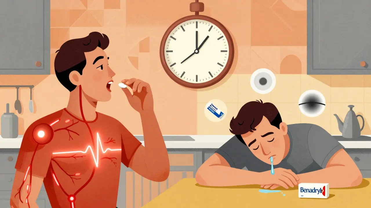 Man taking two antihistamines as his body shows racing heart and drowsiness side effects.