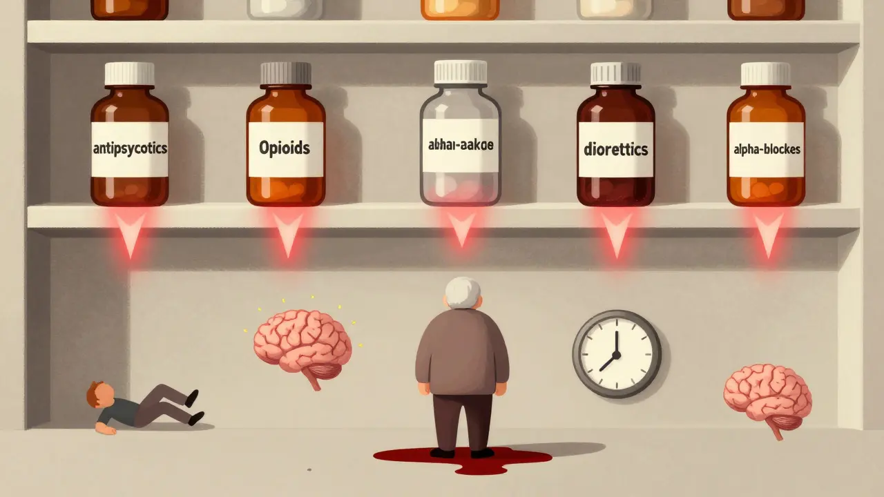 Medication bottles emitting shockwaves toward a dizzy elderly person, with icons of brain dimming and falling figure.