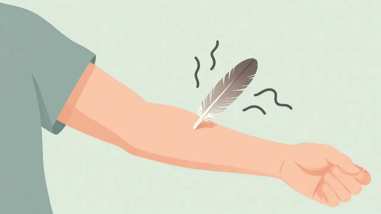 Person feeling pain from a feather touch due to allodynia.