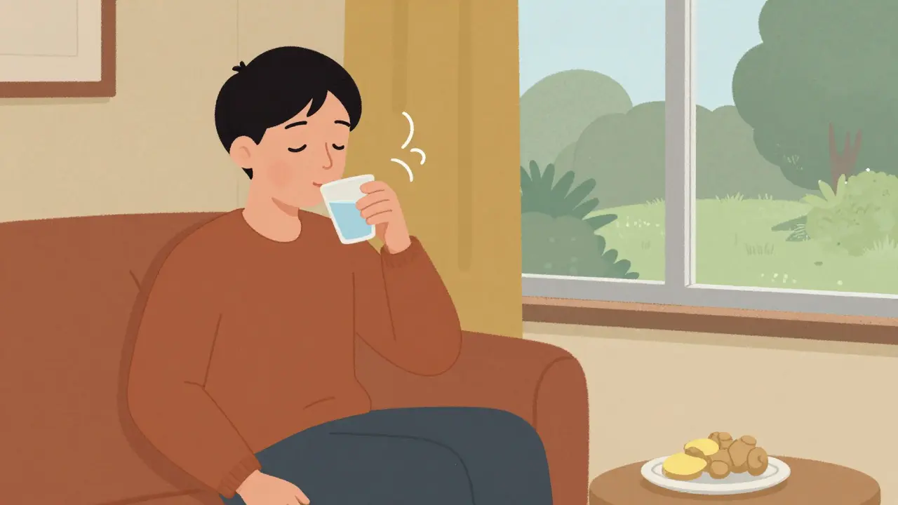 Person sipping water slowly with ginger chews nearby, practicing calm breathing for nausea relief.