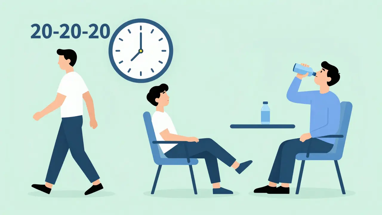 Person walking, resting, and drinking water following 20-20-20 rule.