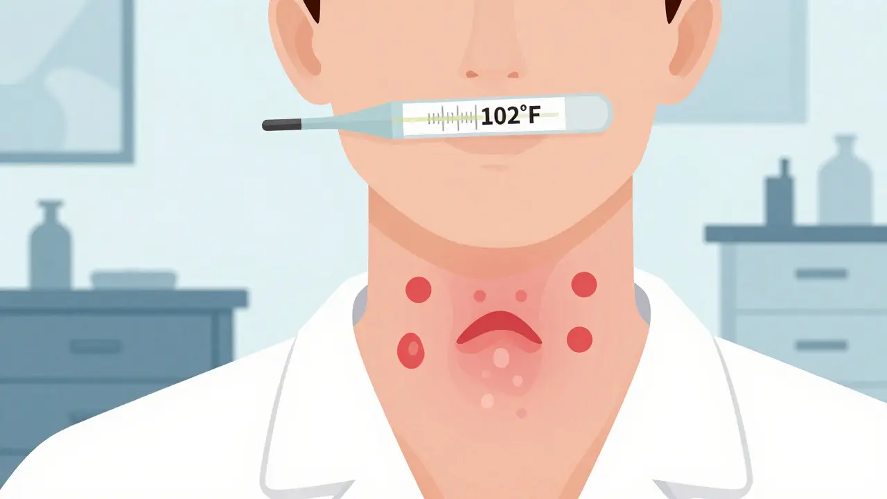 Person with thermometer, swollen lymph nodes, and sore throat in mid-century doctor's office.