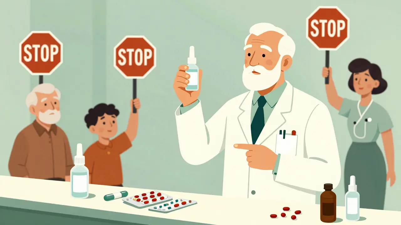 Pharmacist guiding patients away from combo pills toward safe saline spray alternative.