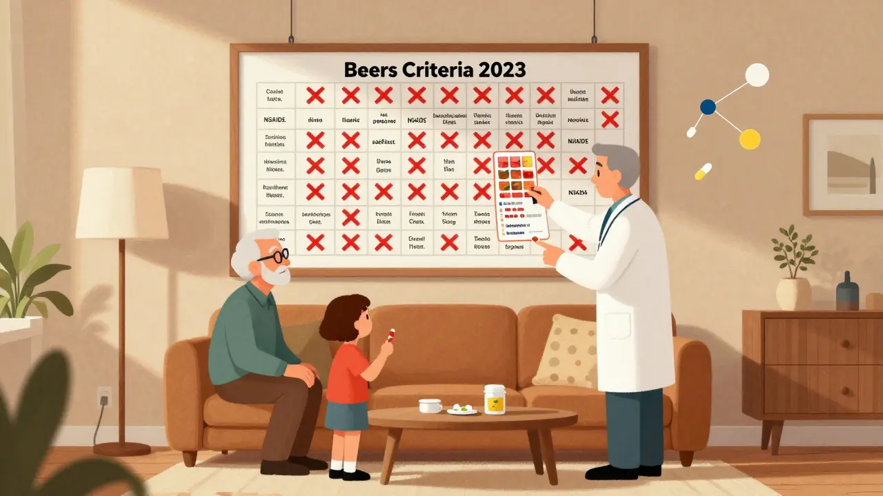 Senior’s living room with Beers Criteria chart and family discussing safe medication use.