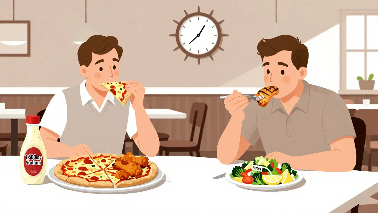 Split scene: restaurant meal with high sodium vs. home-cooked low-sodium meal in mid-century setting.