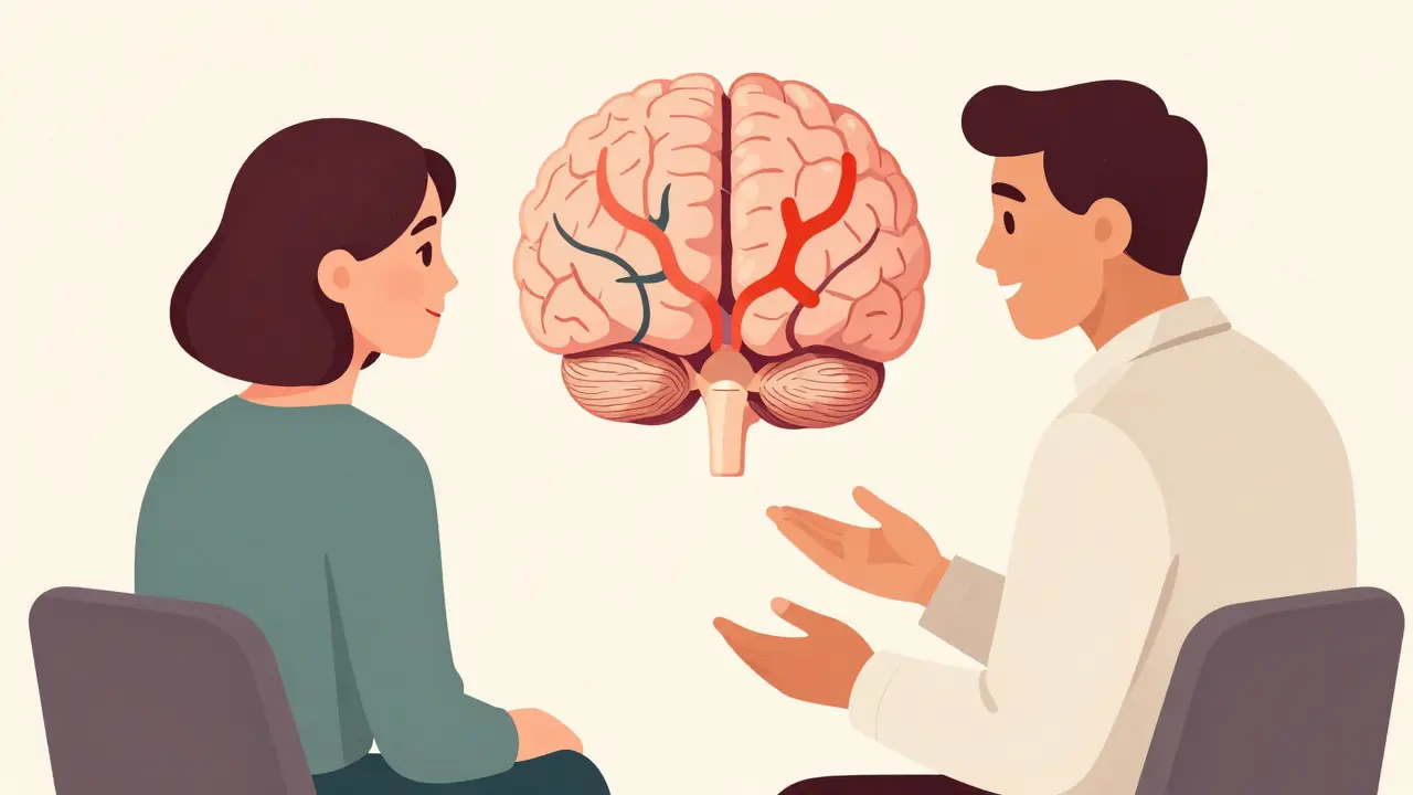 Therapist explaining pain neuroscience using brain model.