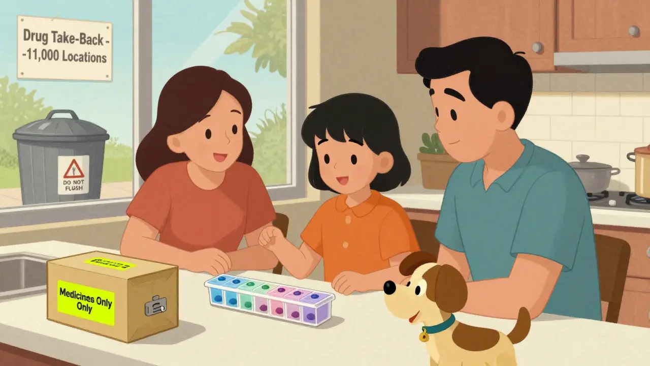 A family beside a labeled locked medicine box and unopened pill organizer, with a 'Do Not Flush' trash bin in the background.