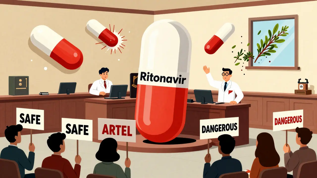 A giant ritonavir pill on trial surrounded by evidence of dangerous drug interactions in a stylized courtroom scene