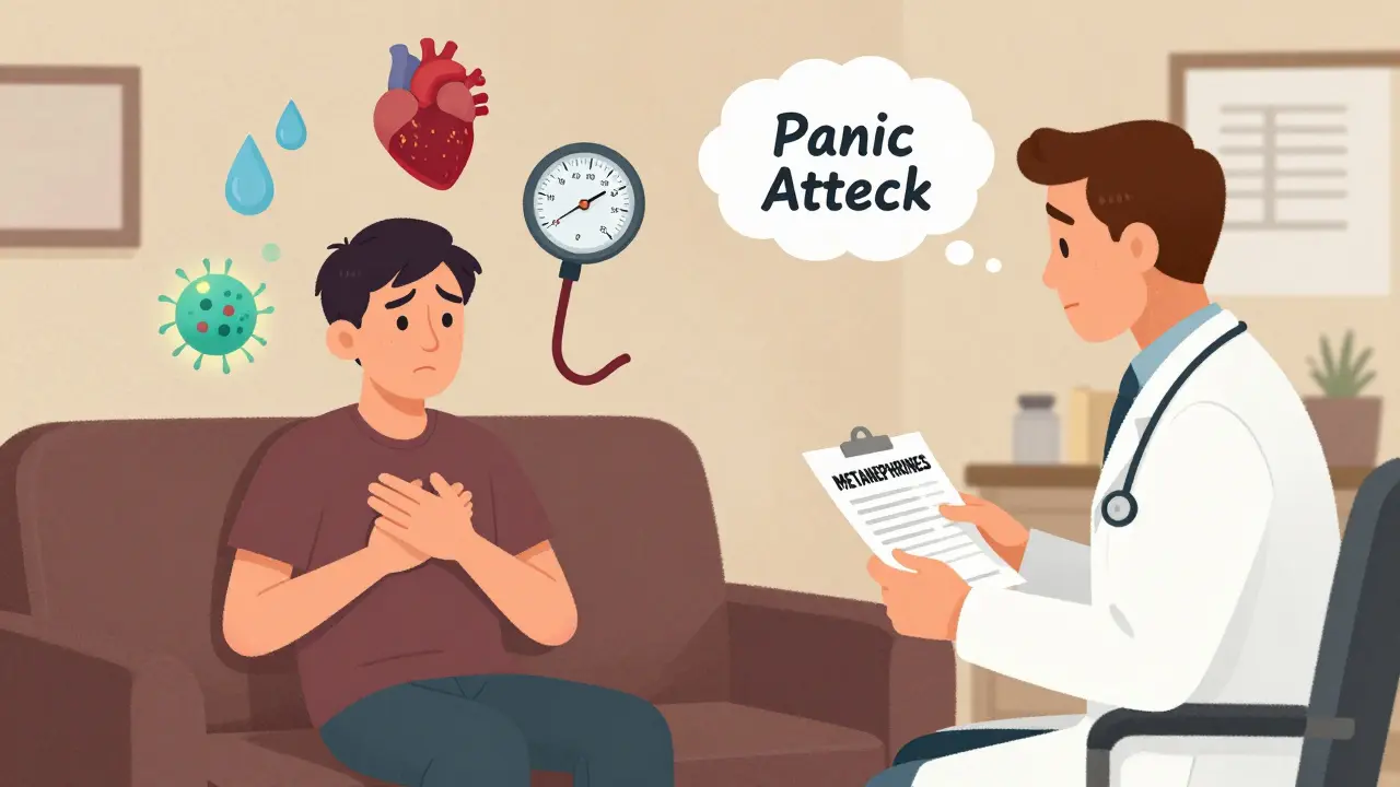 A patient in a 1960s doctor's office with floating symptoms and a hidden tumor icon, illustrating misdiagnosis.