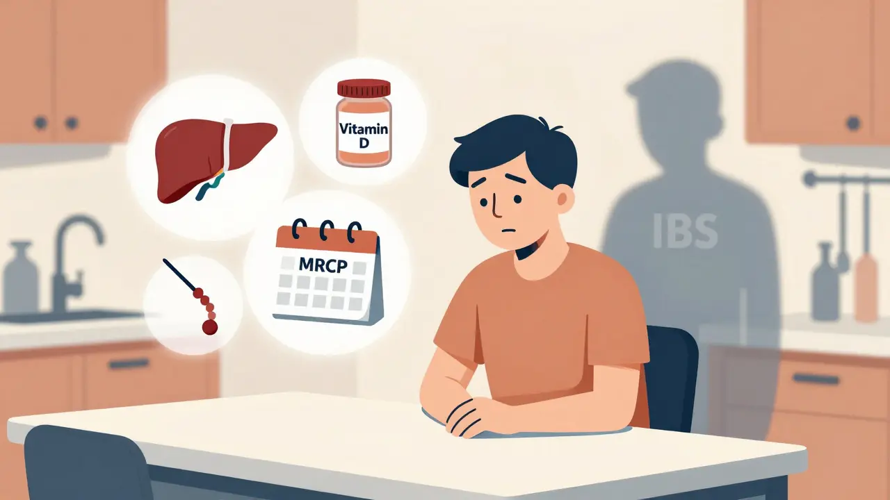 A person at a kitchen table surrounded by medical icons of PSC management, with a fading IBS figure in the background.