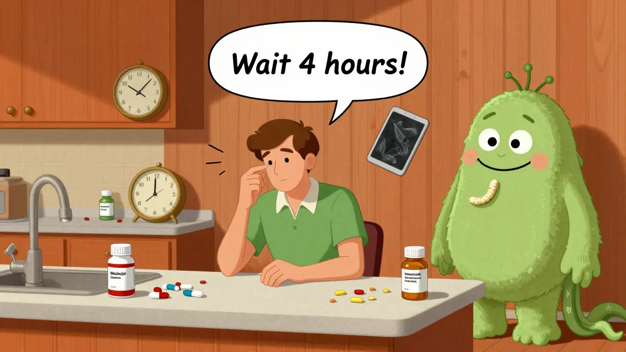 A person at a mid-century kitchen counter with pills and a clock showing 4-hour separation for medication timing.