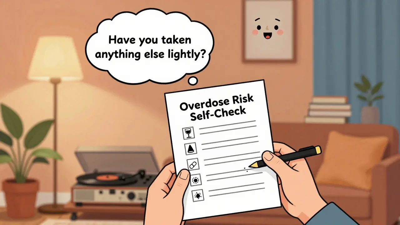 A person holds a simple checklist with icons for substances, while a thought bubble asks if they've taken anything else, in a cozy mid-century home.