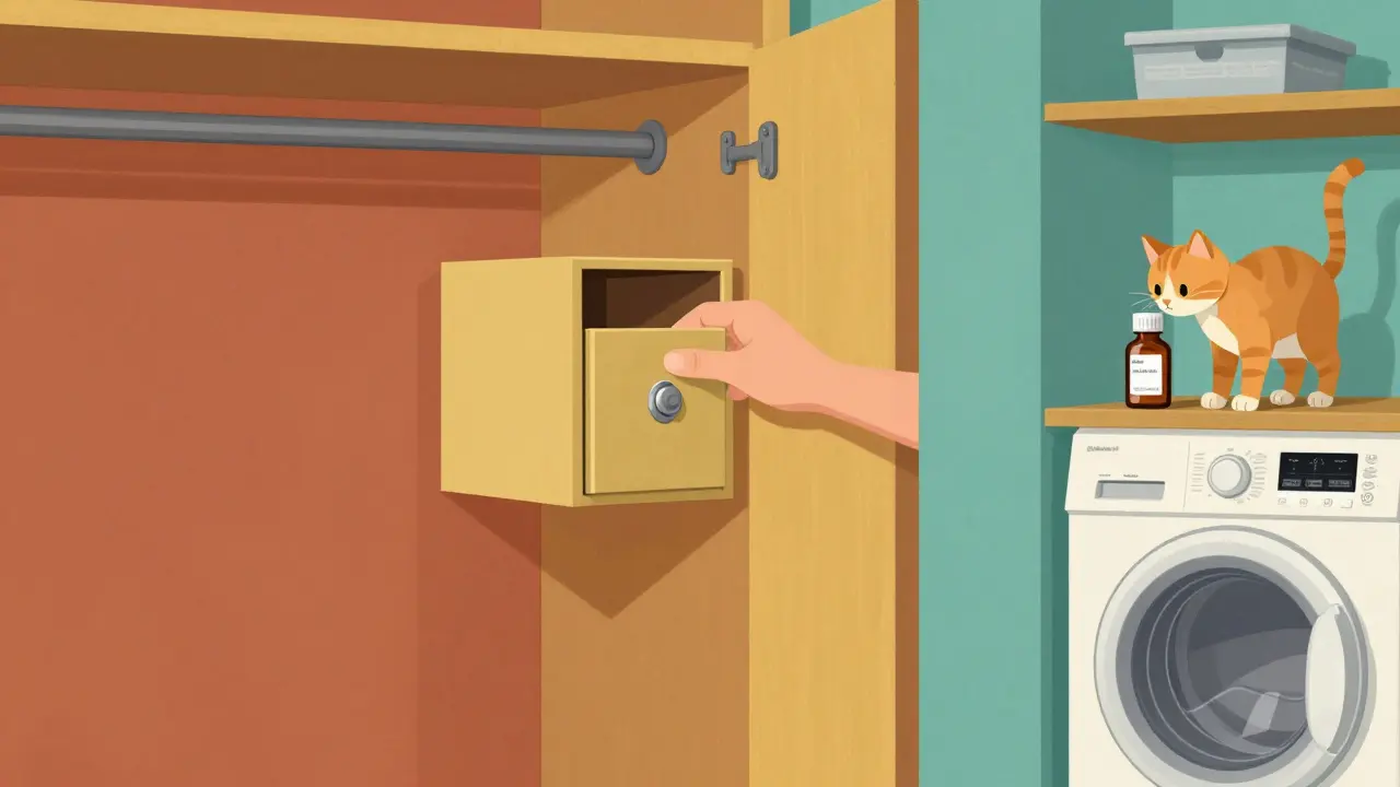 A pet medication bottle on a high shelf in a laundry room, separate from a locked human medicine box in a bedroom closet.