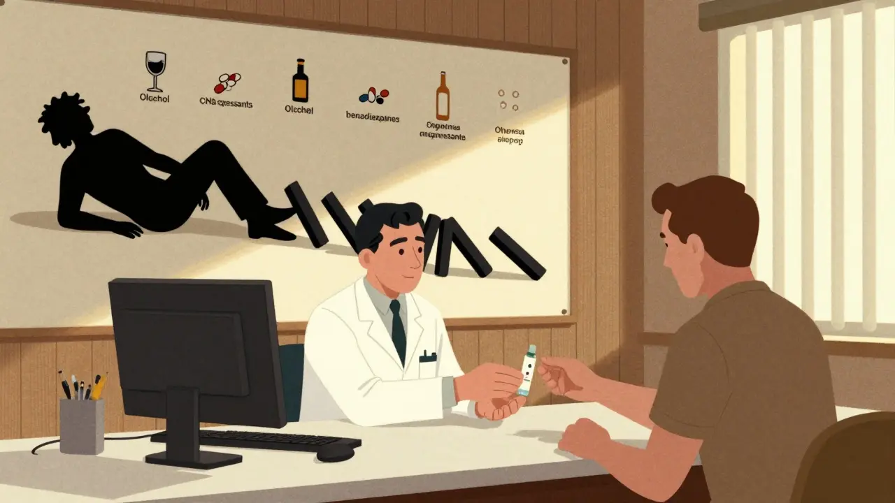 A pharmacist hands naloxone to a patient while a wall graphic shows depressant drugs as falling dominoes in a stylized 1960s office setting.