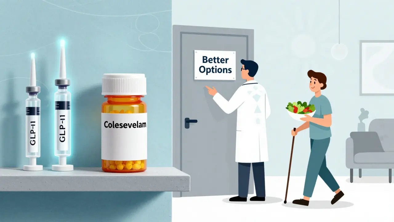 A shrinking bile acid sequestrant bottle on a shelf beside modern diabetes treatments, with a doctor pointing to better options.