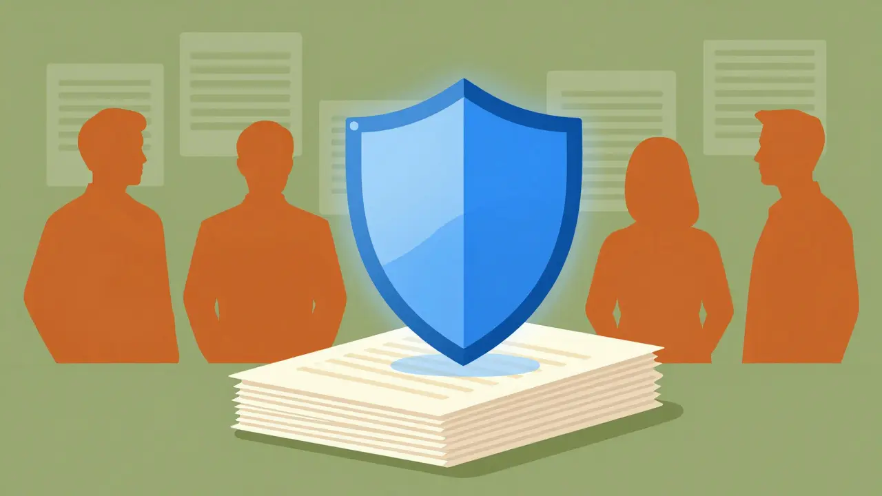 Abstract shield hovering over paper medical records.