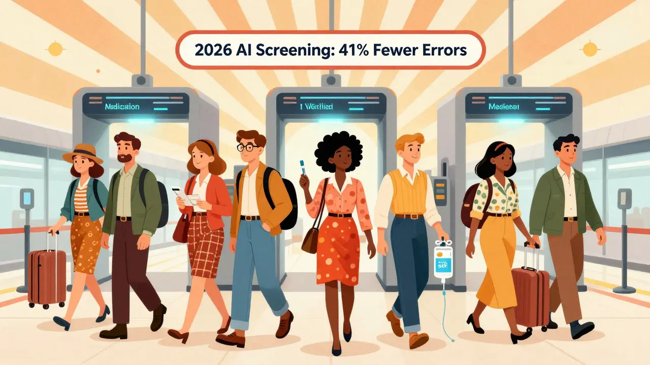 Diverse travelers passing through an AI-enhanced airport lane with medication verification.