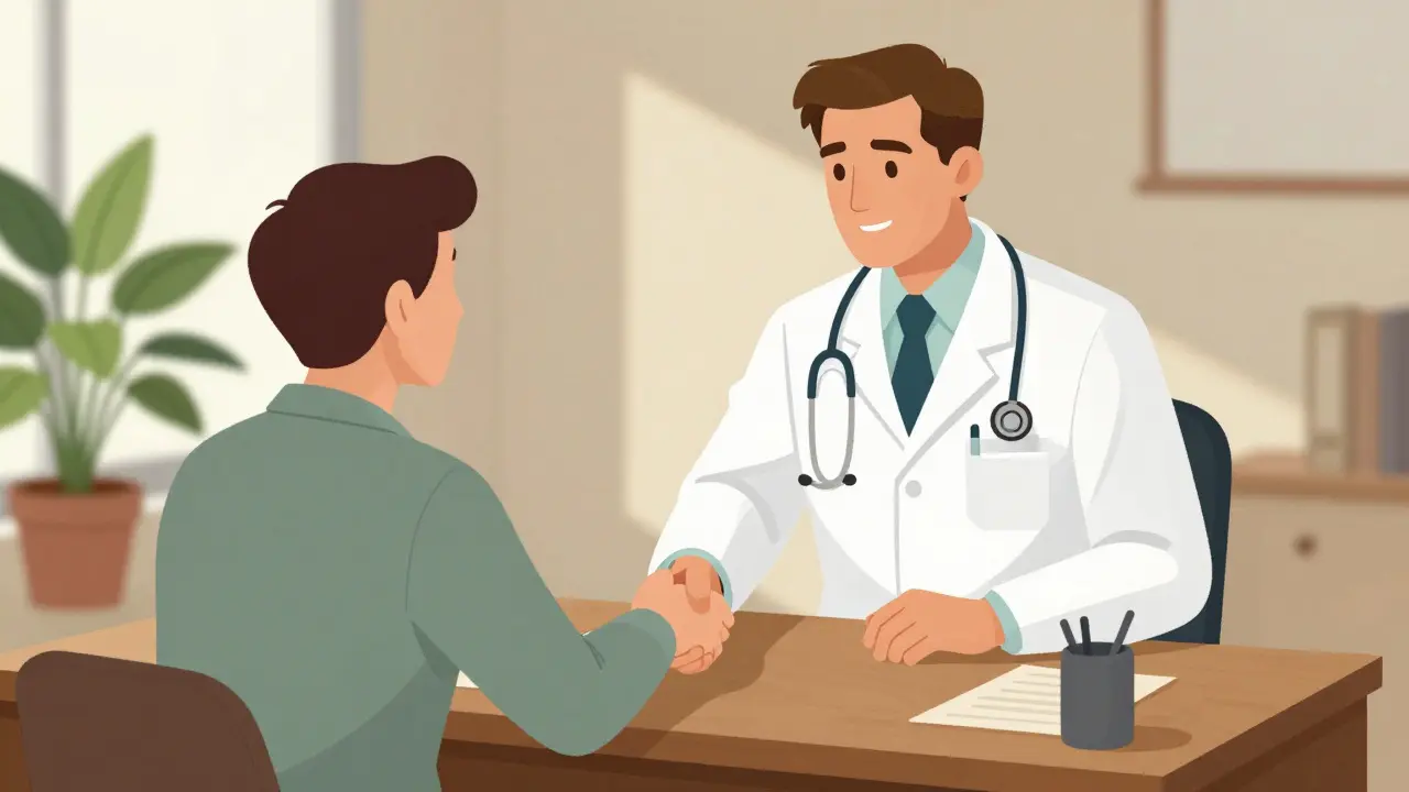 Doctor and patient collaborating on a care plan in a retro office setting.