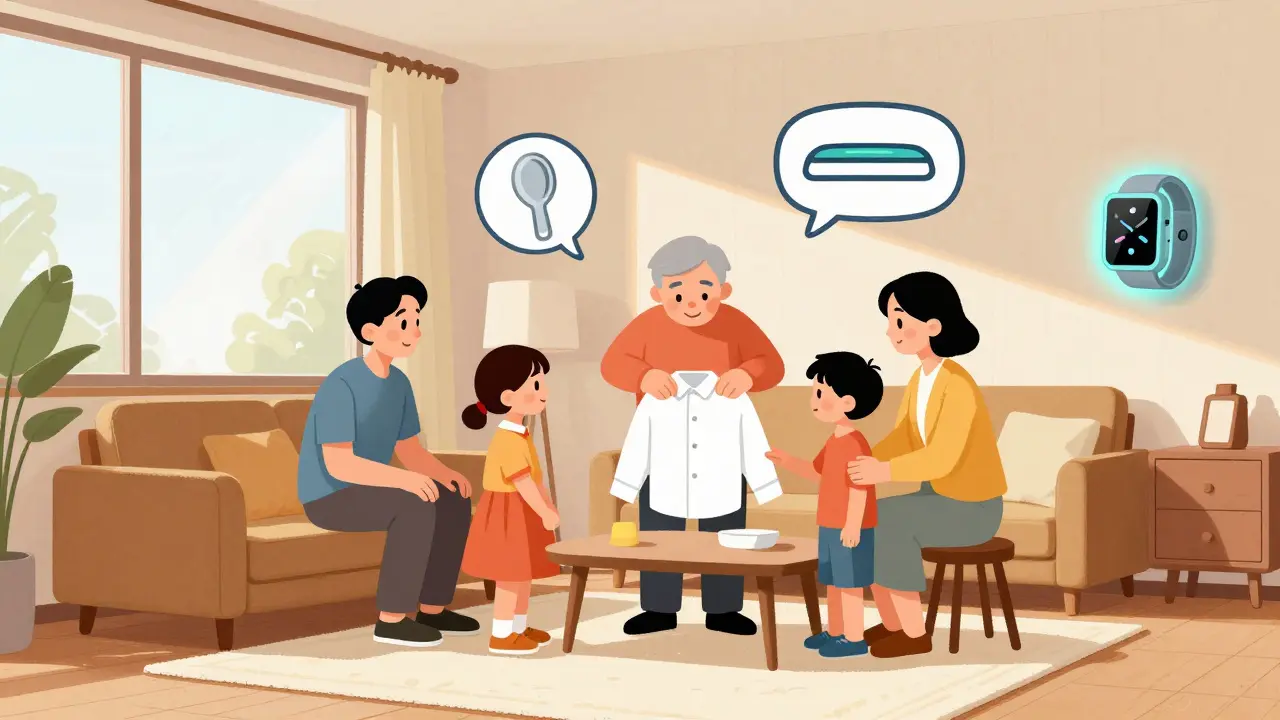 Family helping stroke survivor practice daily tasks in a mid-century modern living room.