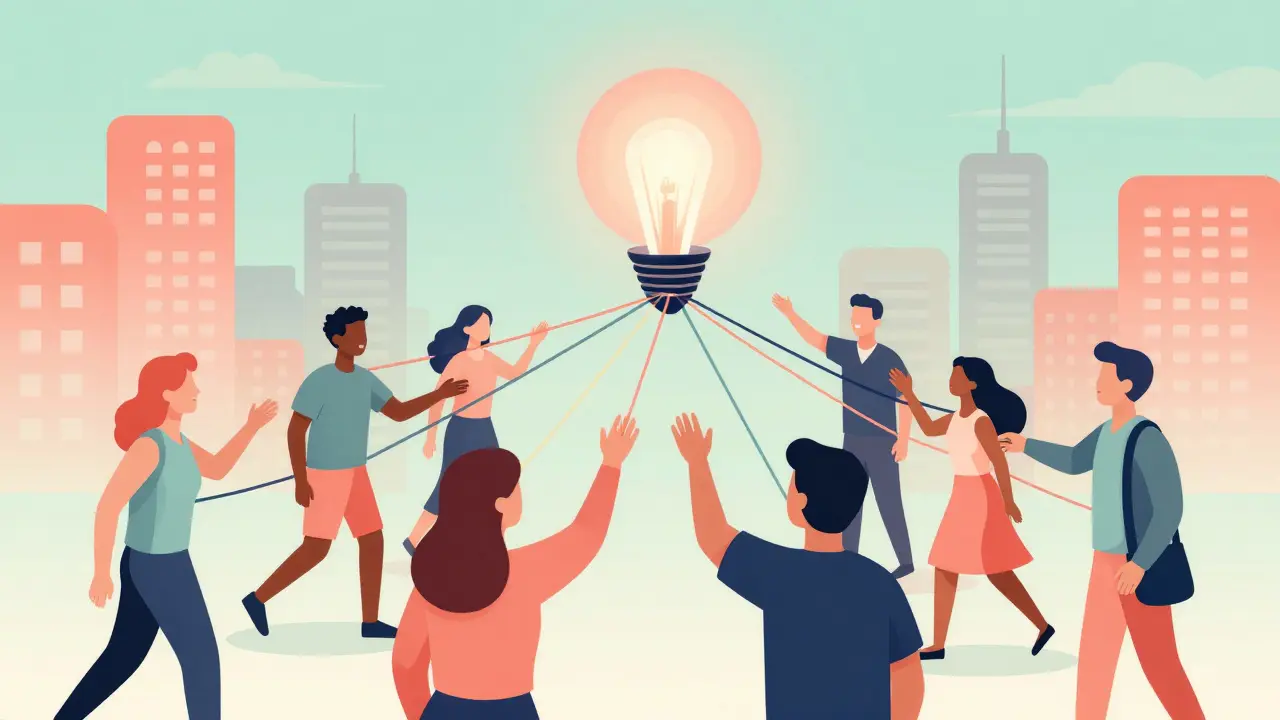 Group of people connected by lines to a central light.