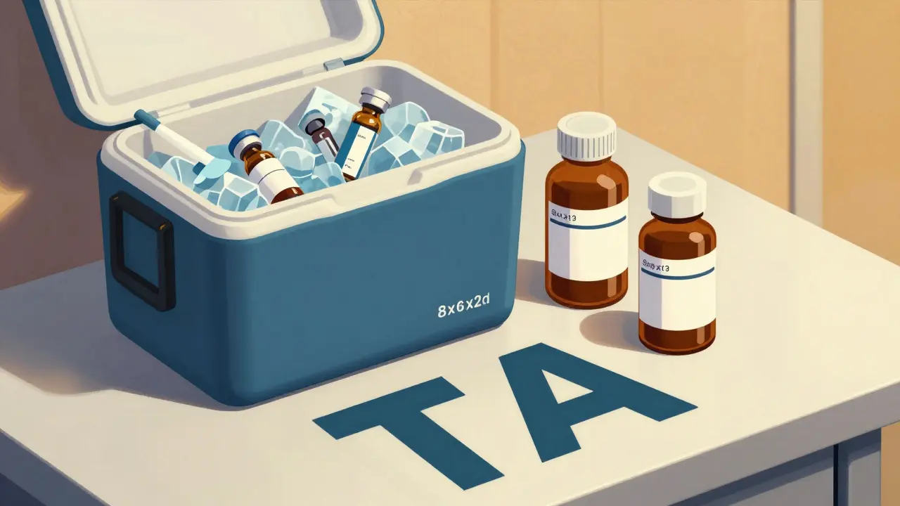 Insulin vials and frozen ice packs in a small cooler beside original pharmacy-labeled containers.