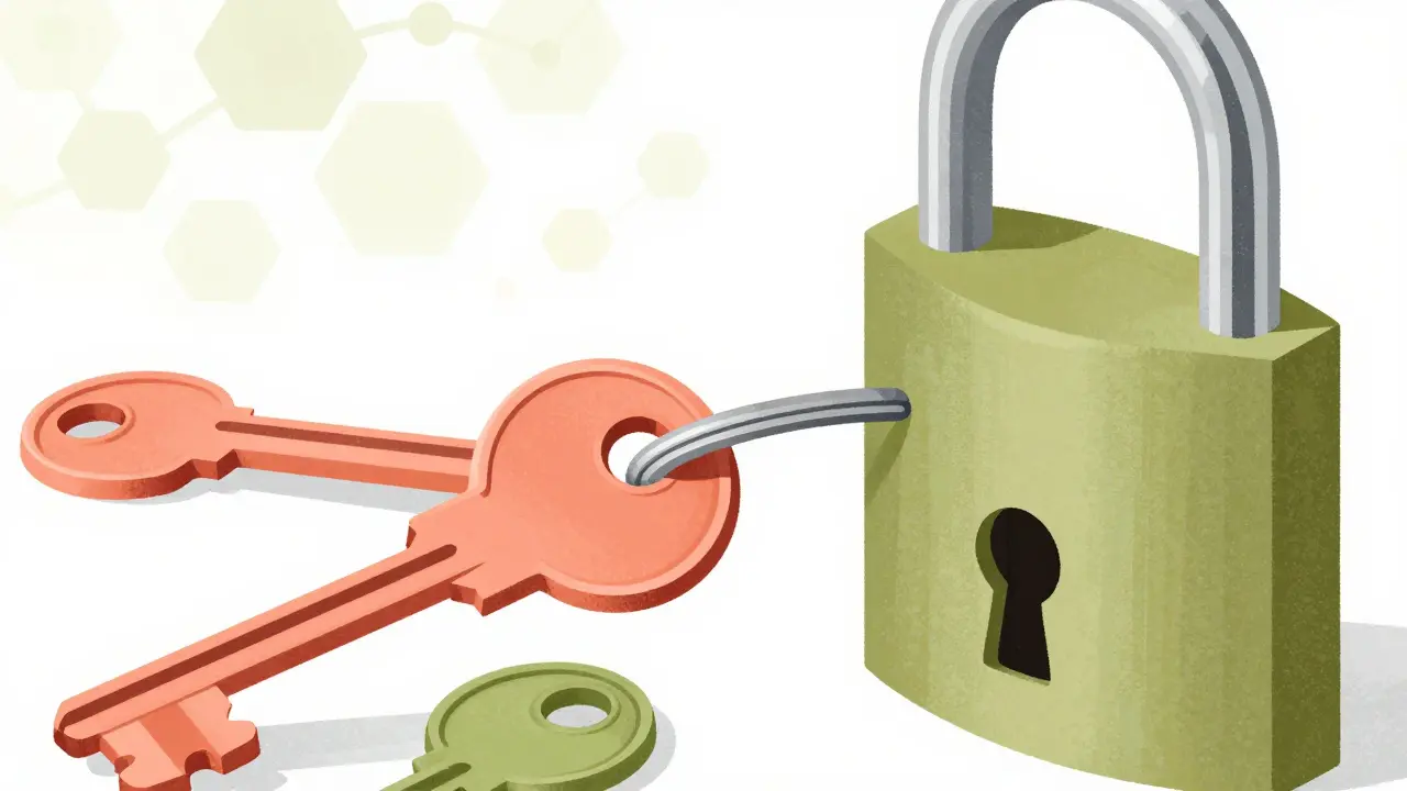 Keys fitting into locks representing different opioid mechanisms working together.