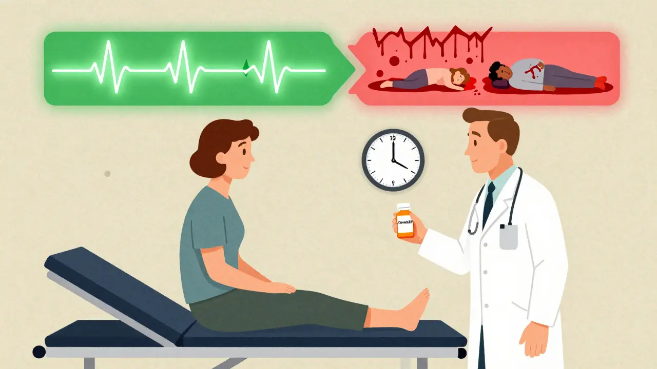 Patient and doctor with medication and clock, contrasting successful treatment path with bleeding emergency in mid-century modern style.