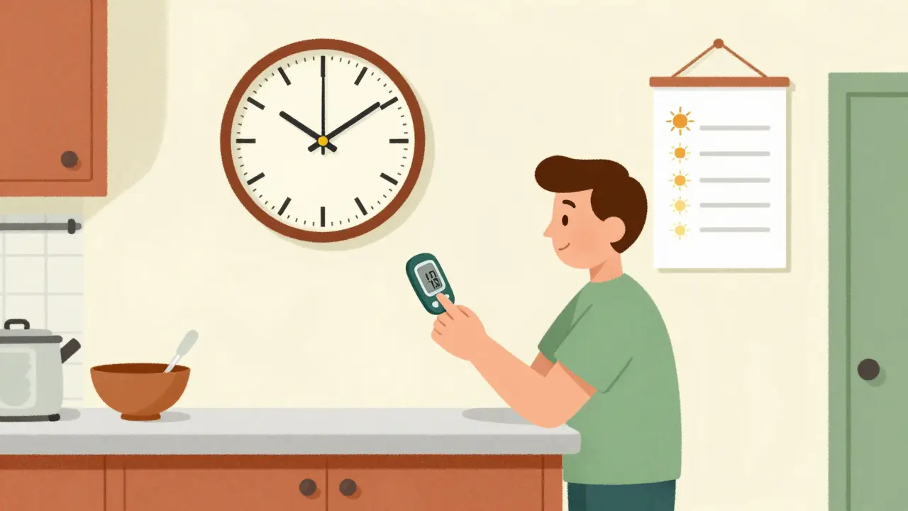 Person checking blood sugar level at home with a clock showing morning time