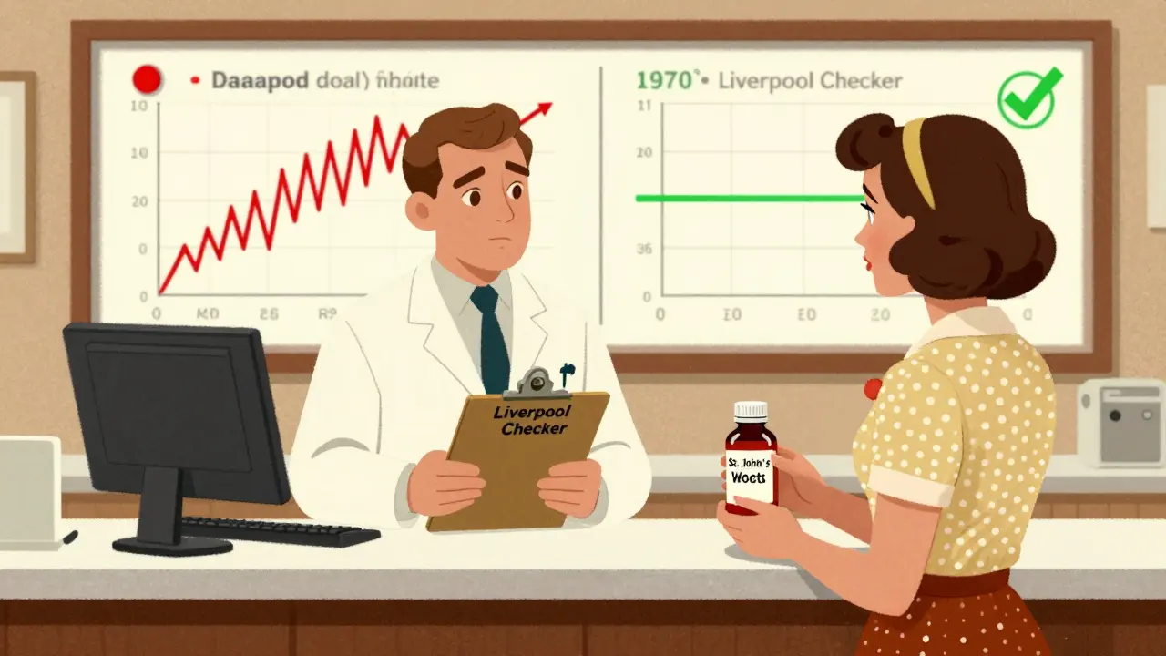 Pharmacist at a retro counter explaining drug interactions using a checker tool while patient holds grapefruit and herbal supplement