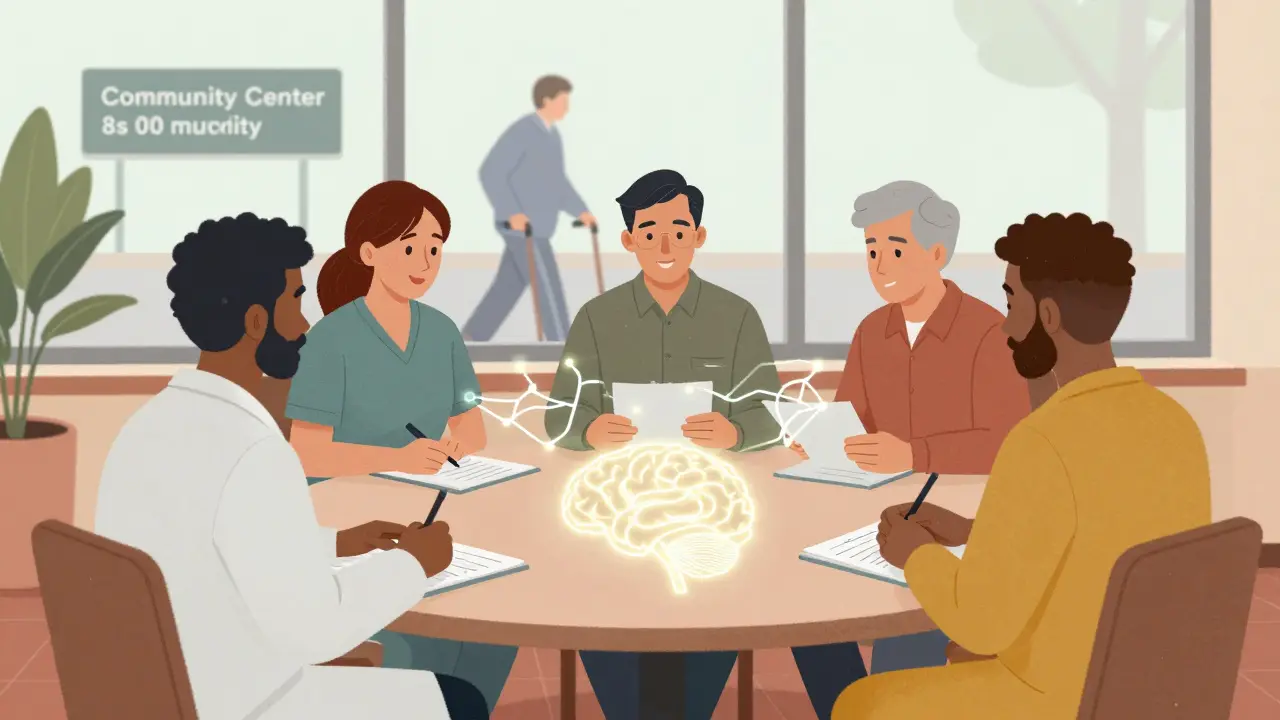 Rehab team meeting around a brain diagram, symbolizing coordinated recovery care.