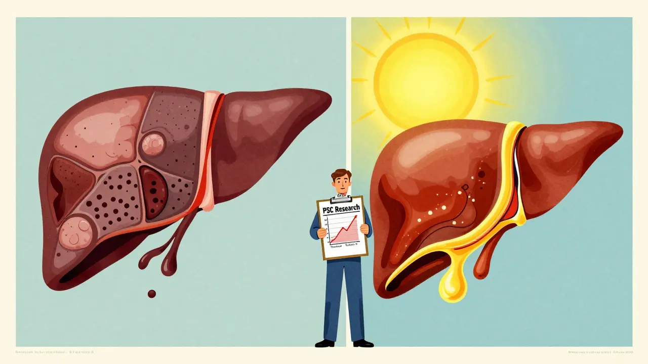 Split illustration of a failing liver versus a healthy transplanted liver, with rising drug research graphs in vintage style.